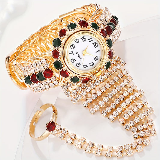 Montre pour femme avec bracelet en quartz orné de strass, style rétro baroque, bague de mode et montre-bracelet à chaîne