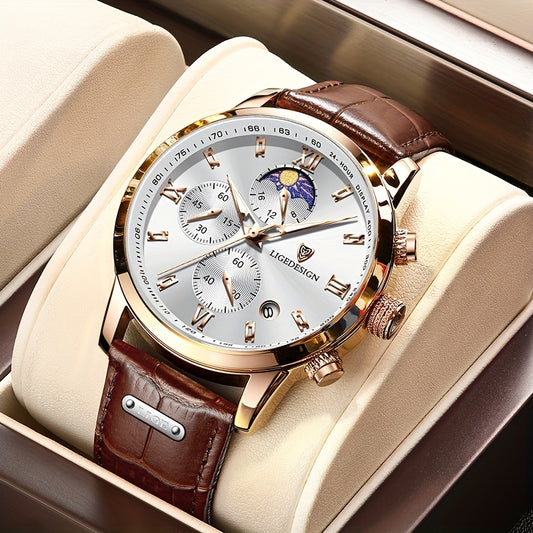 Montre de Luxe LIGE avec bracelet en Cuir PU, Montre-Bracelet de Sport à Quartz étanche, Chronographe pour Homme - Cadeau Parfait