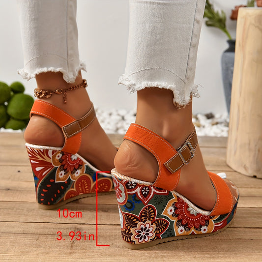 Sandales Compensées À Imprimé Floral Pour Femmes, Talons À Plateforme Vintage À Bout Ouvert Et Sangle À Boucle, Sandales D'été Assorties Avec Tout