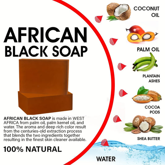 Image d'une barre rectangulaire de Beauté Pure : Savon Noir Africain 65g*4 - Acné & Taches mettant en avant ses ingrédients naturels comme l'huile de coco, l'huile de palme, les cendres de plantain, les cabosses de cacao et le beurre de karité. La description met en avant les bienfaits du savon et sa composition 100% naturelle enrichie en vitamine E qui nourrit la peau.