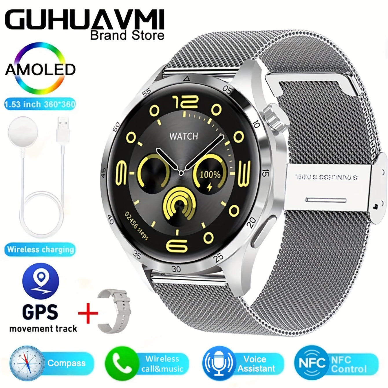 GUHUAVMI - Montre Connectée GT4 Pro Pour Hommes et Femmes avec GPS, Écran AMOLED de 2024x1.53 Pouces, NFC, Appel Sans Fil, Suivi d'Activité, 360 - Élégante et Nouveauté!